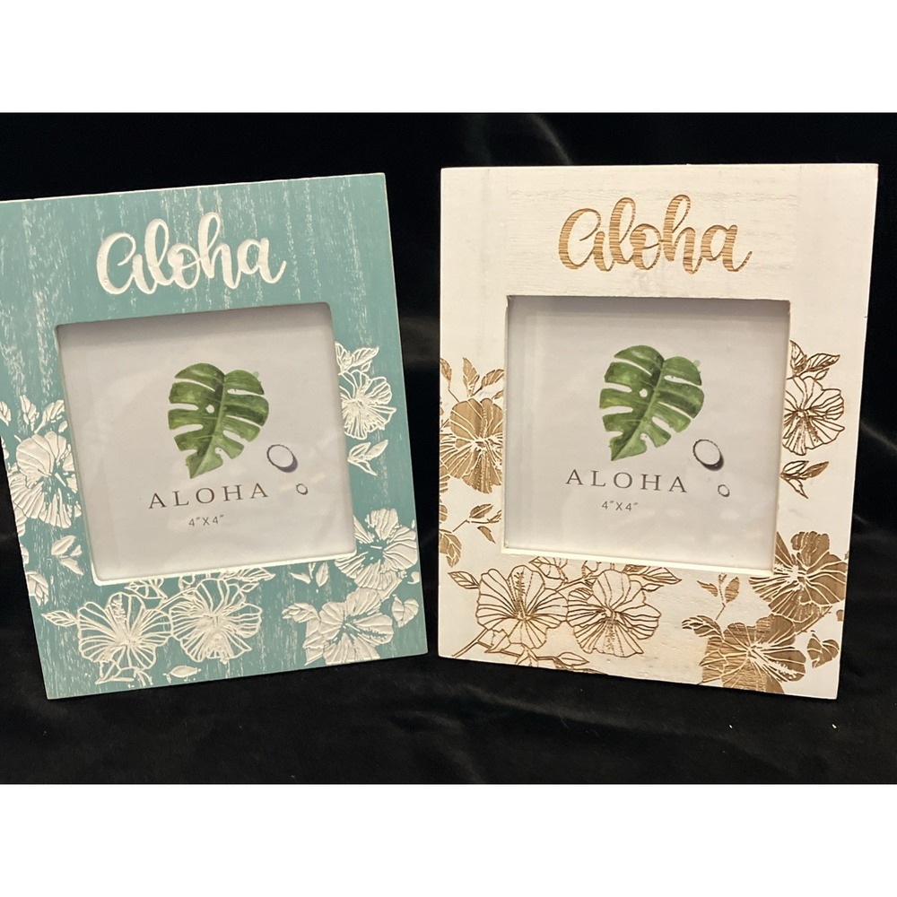 Chiefly Hawaiian Aloha 4x4 Picture Frames Teal White Hibiscus Engraved Wood Set